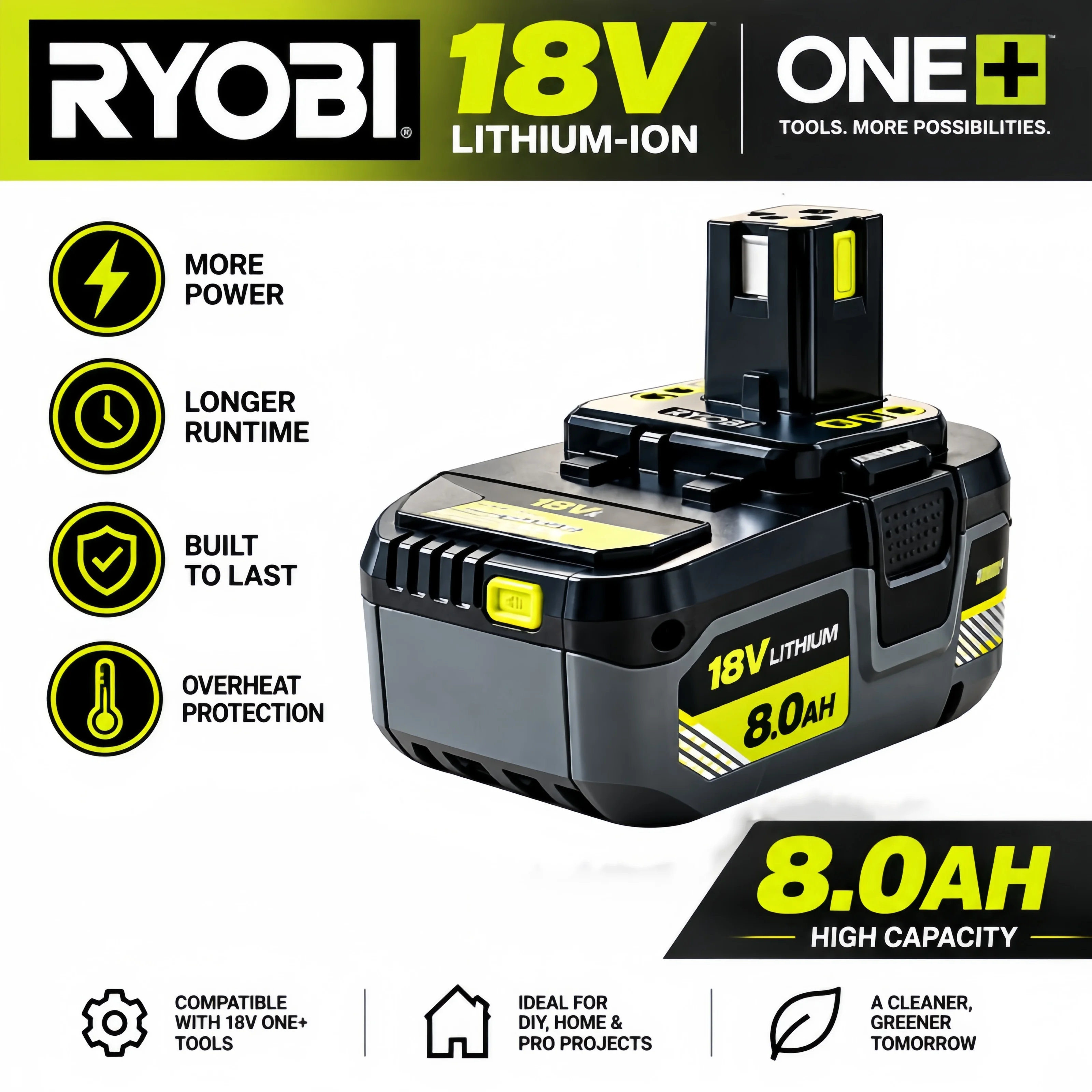 RYOBI 18V ONE+ 6.0Ah 8.0Ah Lithium Battery, Full Compatibility, Works with All RYOBI ONE+ 18V Cordless Power Tools