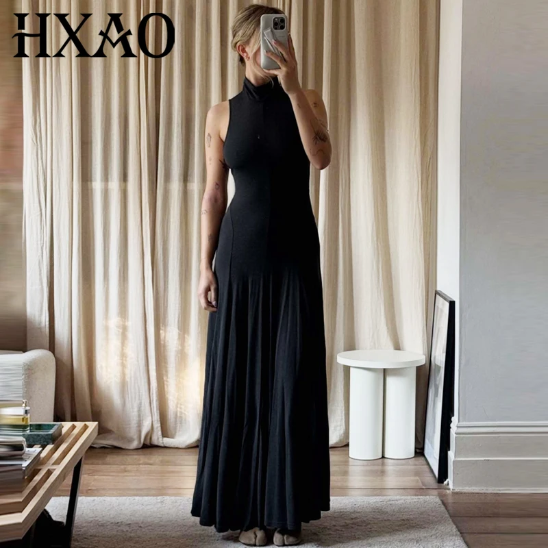 HXAO Schwarzes Neckholder-Kleid für Damen, Sommer, elegante Partykleider, schick, rückenfrei, ärmellos, lange Kleider, Abschlussball, Abend, Vestidos
