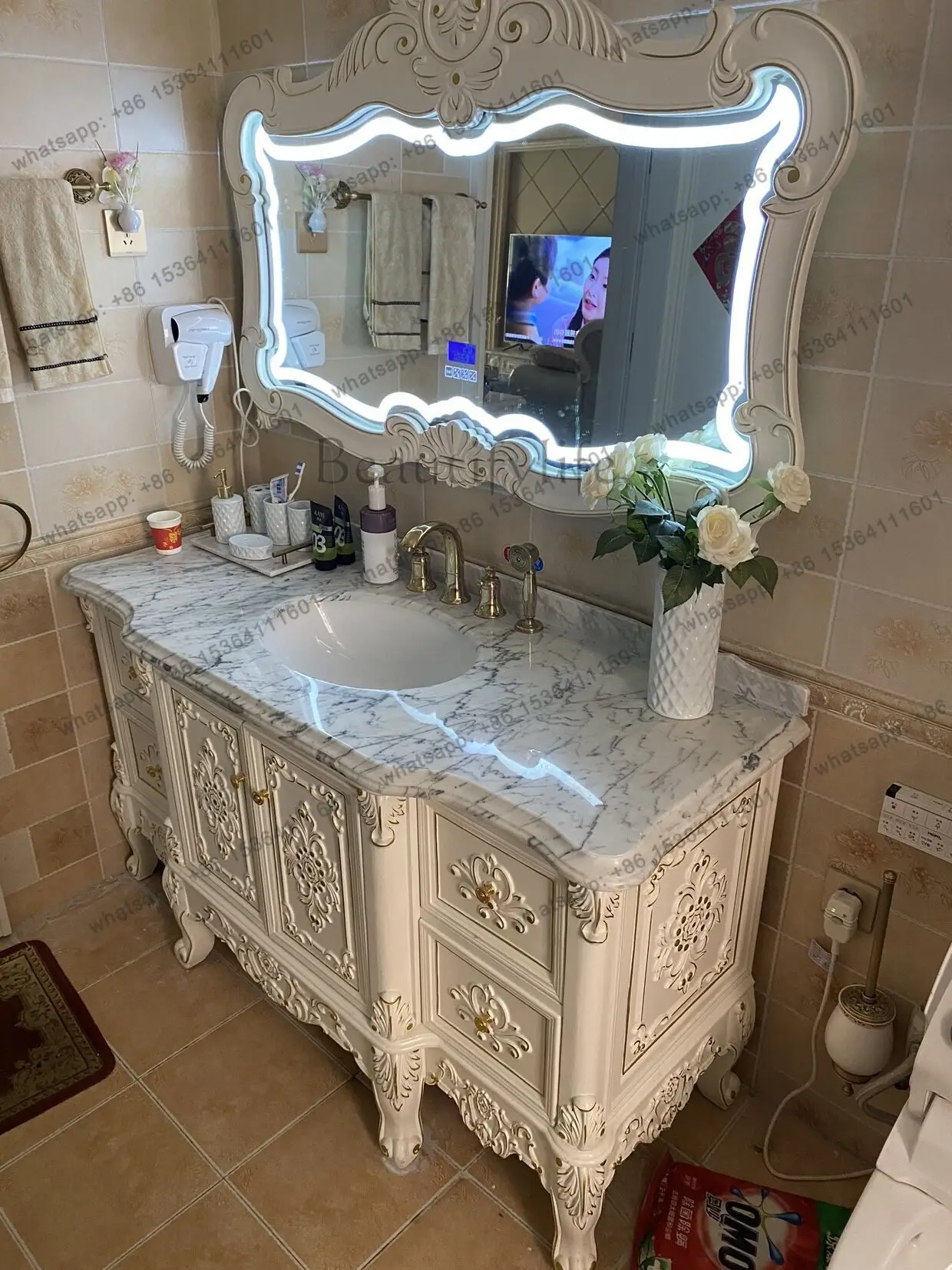 Customization European oak bathroom cabinet combination bathroom double washbasin large floor-to-ceiling bathroom