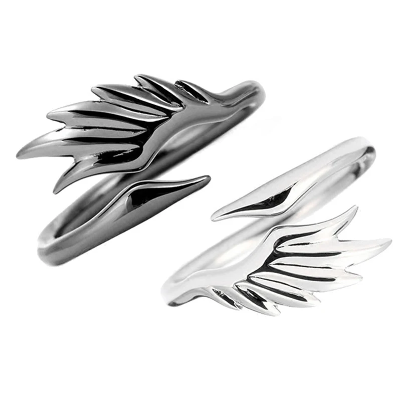 

SALONGFANG Punk Angel Demon Wing Couples Rings for Women Retro Silver Color Feather Open Ring Wedding Jewelry Valentine's Gift