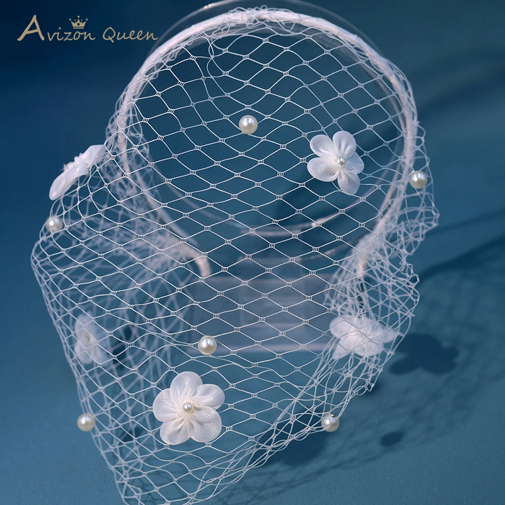 Elegant 3d Flower Pearl Decorative Bird Cage Veil Bridal Veil Wedding Accessories White Mesh For Women Festive Wear  MA41