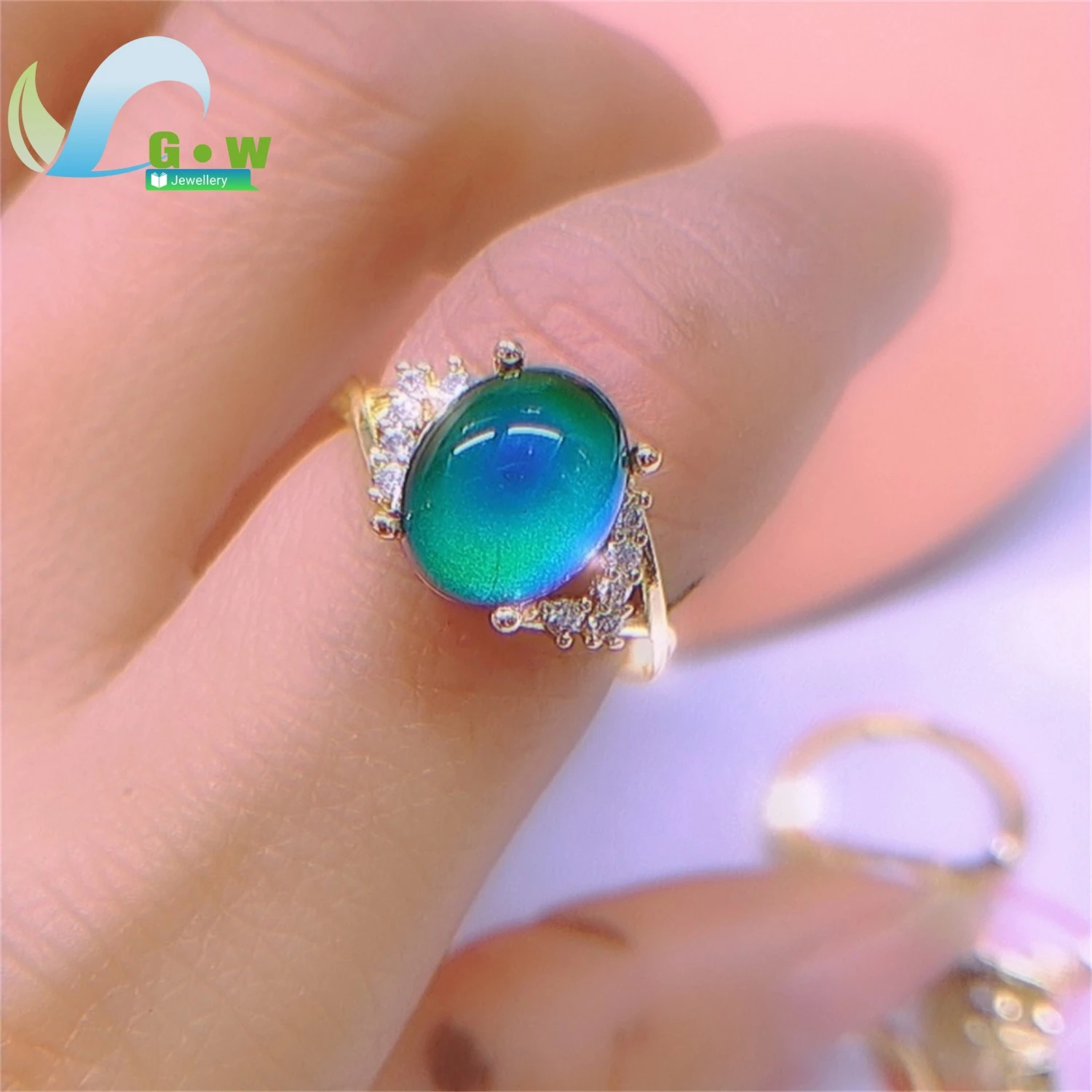 Simple Elegant Thermochromic Ring Open Gradient Color Shift Fashion Jewelry for Ladies Adjustable Size Delicate Stone Gift
