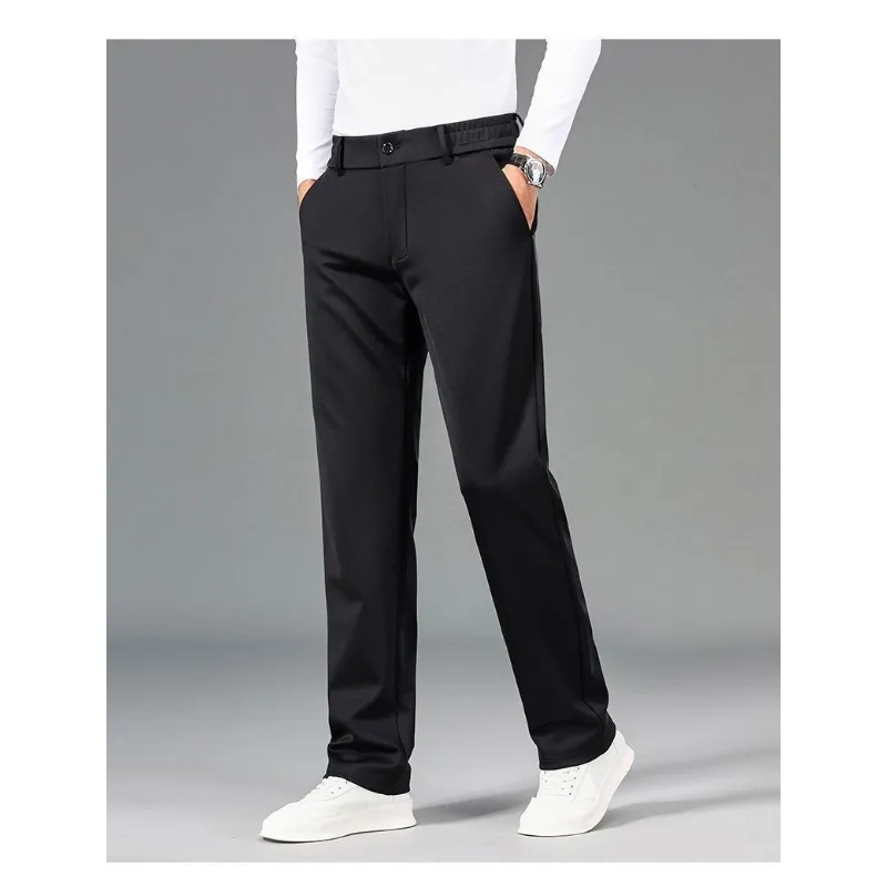 Men High Waist Straight Elastic Anti Wrinkle Casual Trousers Knit Thick Pants Autumn Winter