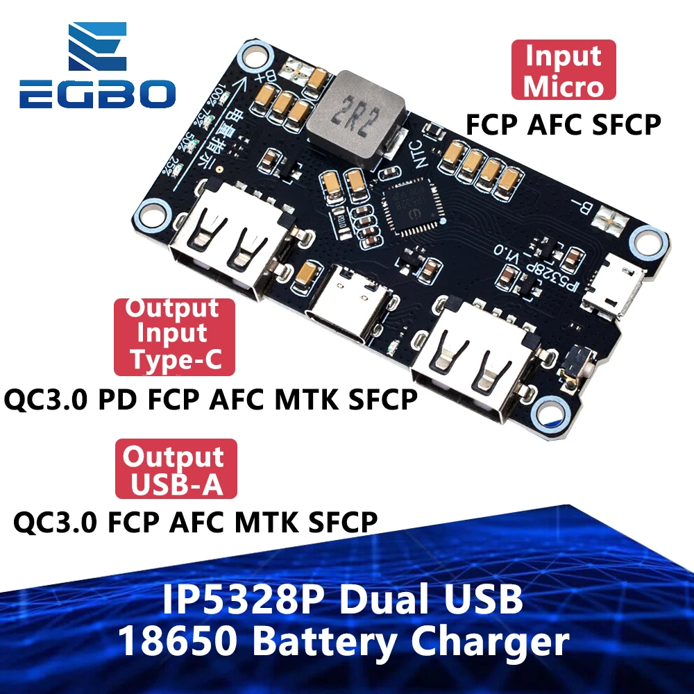 IP5328P Dual USB 18650 Battery Charger Treasure Tpye-c 3.7V Step Up Fast Quick Power bank board QC2.0 QC3.0 Charger module