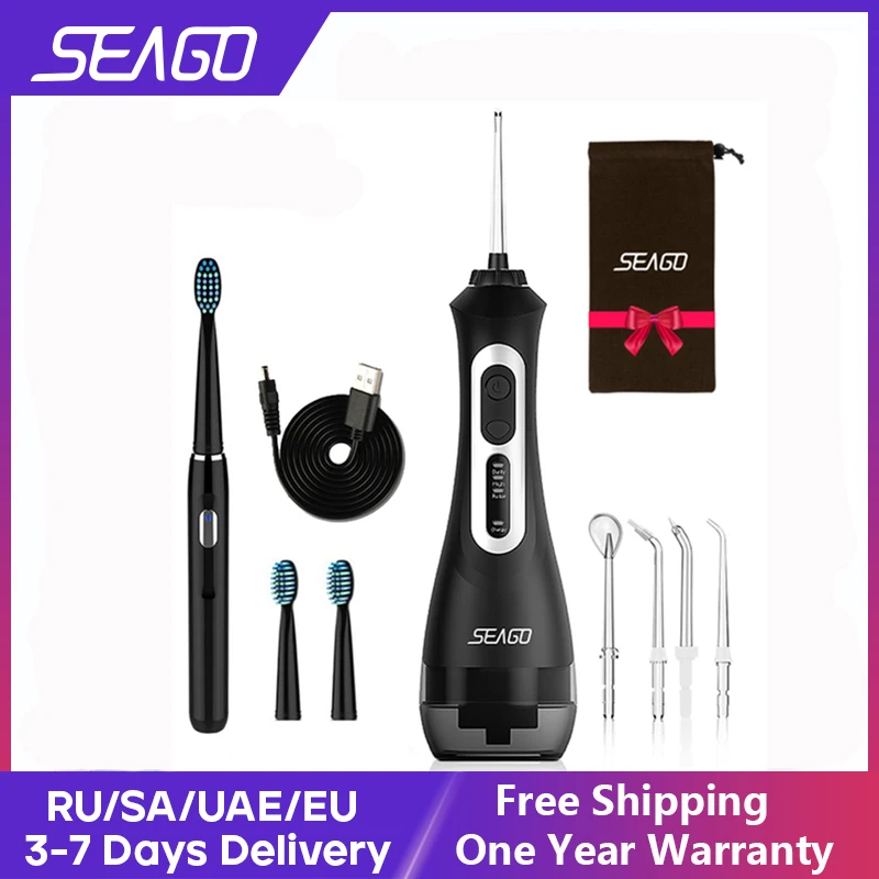 Seago-cepillo de dientes eléctrico recargable con hilo Dental para adultos, cepillo de dientes sónico, irrigador Dental Oral, blanco y negro, regalo