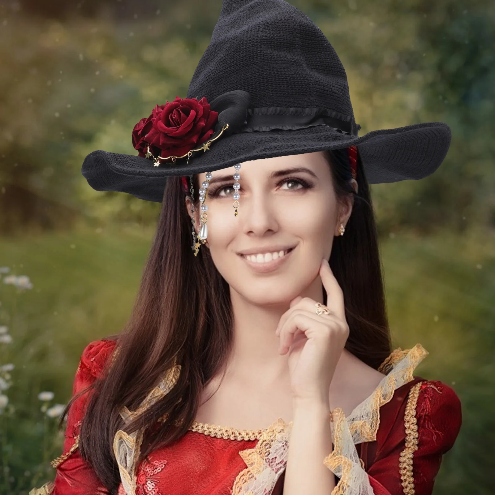 

Witch Hat Halloween Costume Prop Red Wide Rose Detail Decor Creative Lolita Party Accessory Fits Cosplay Photography