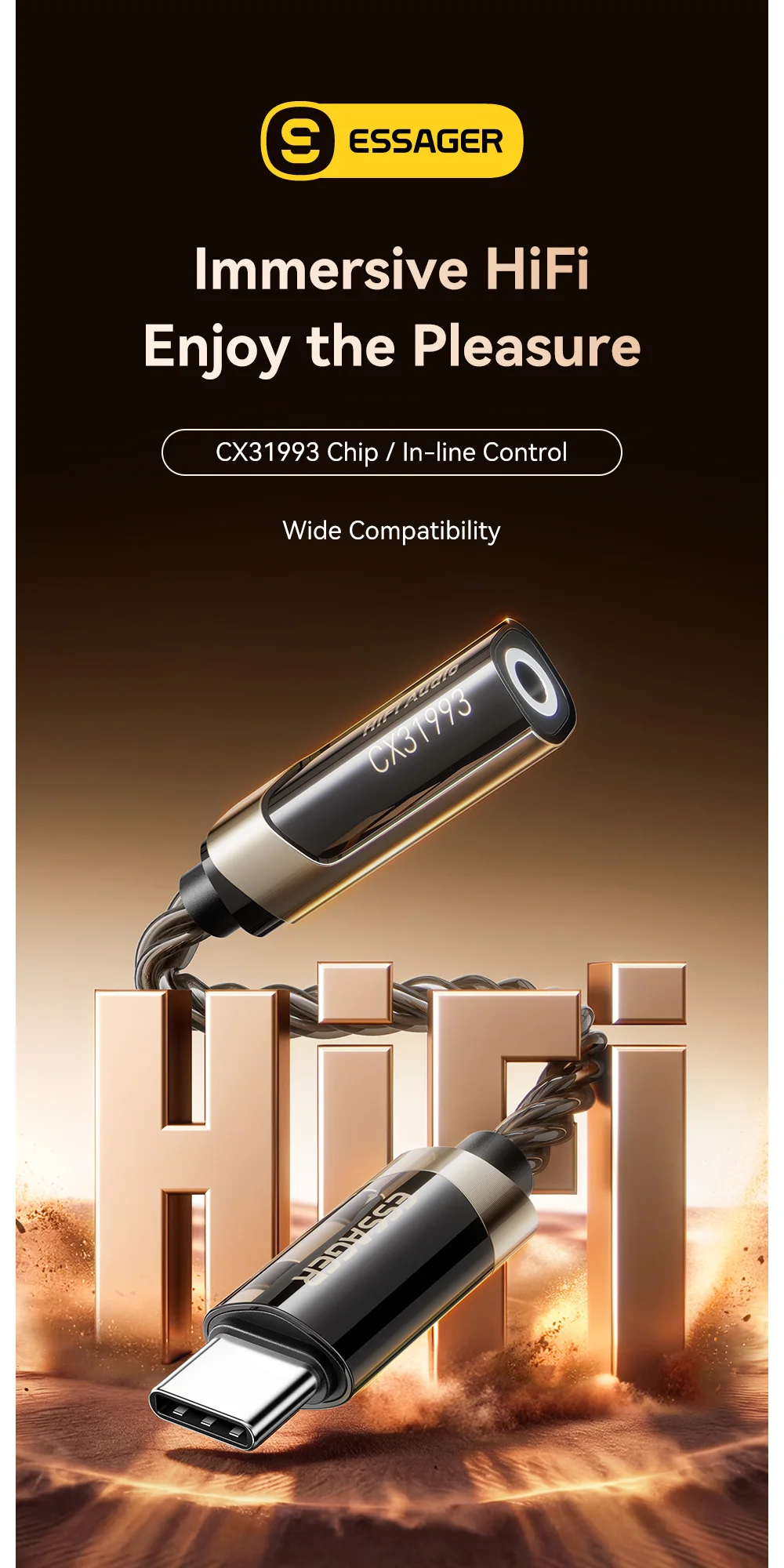 Essager Typ-C auf 3,5mm Hi-Fi Audio-Adapterkabel USB-C 3,5 Klinkenstecker Audiokabel für iPhone 17 Huawei Xiaomi Kopfhörer Audio-Adapter – Detail 1