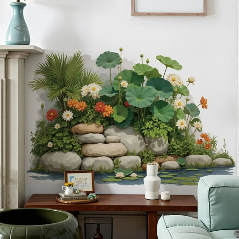 84×54cm Home Decor Wall Decal Self-adhesive PVC Plant Wall Sticker Lotus Waterfall Bamboo Pattern Greenery Mural Decal