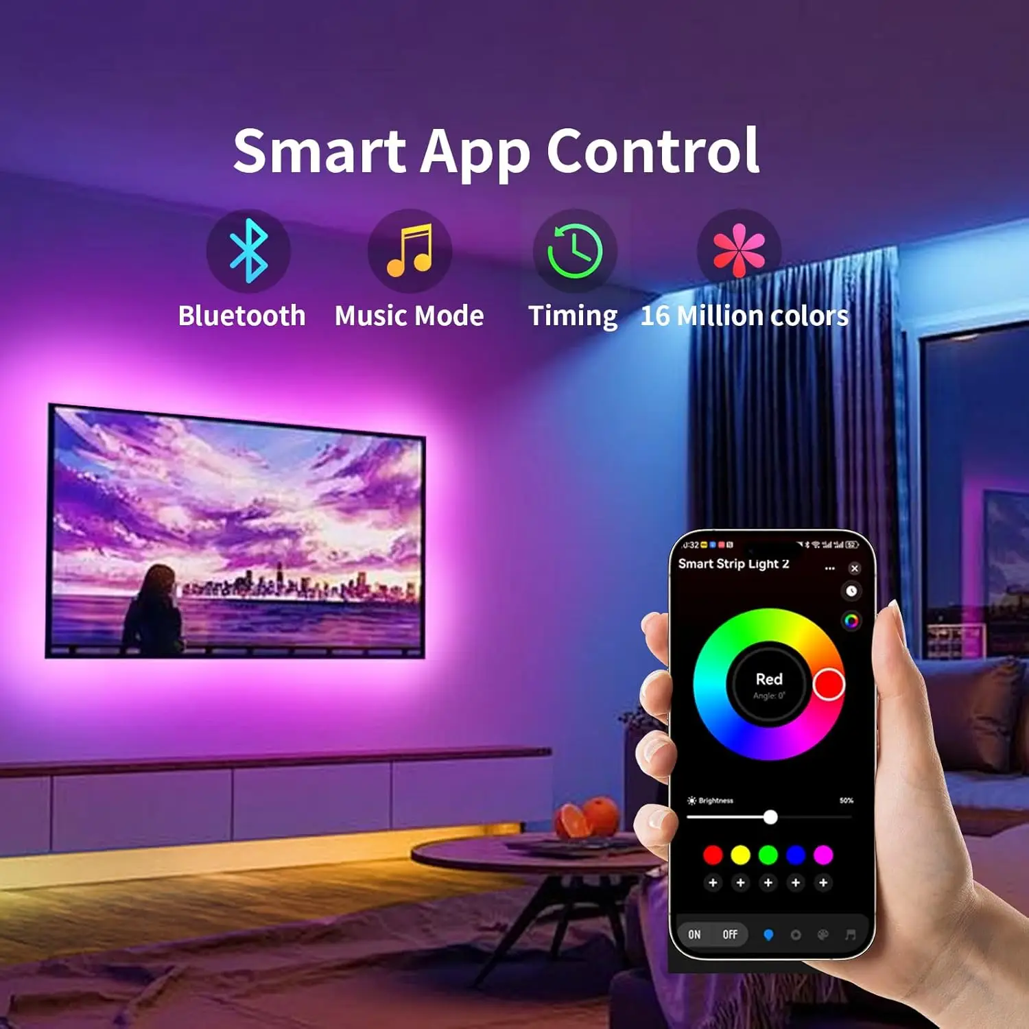 5050 RGB LED TV Backlight Strip Music Sync Bluetooth APP Remote Control USB Powered for Bedroom Gaming Sync behind Screen Light