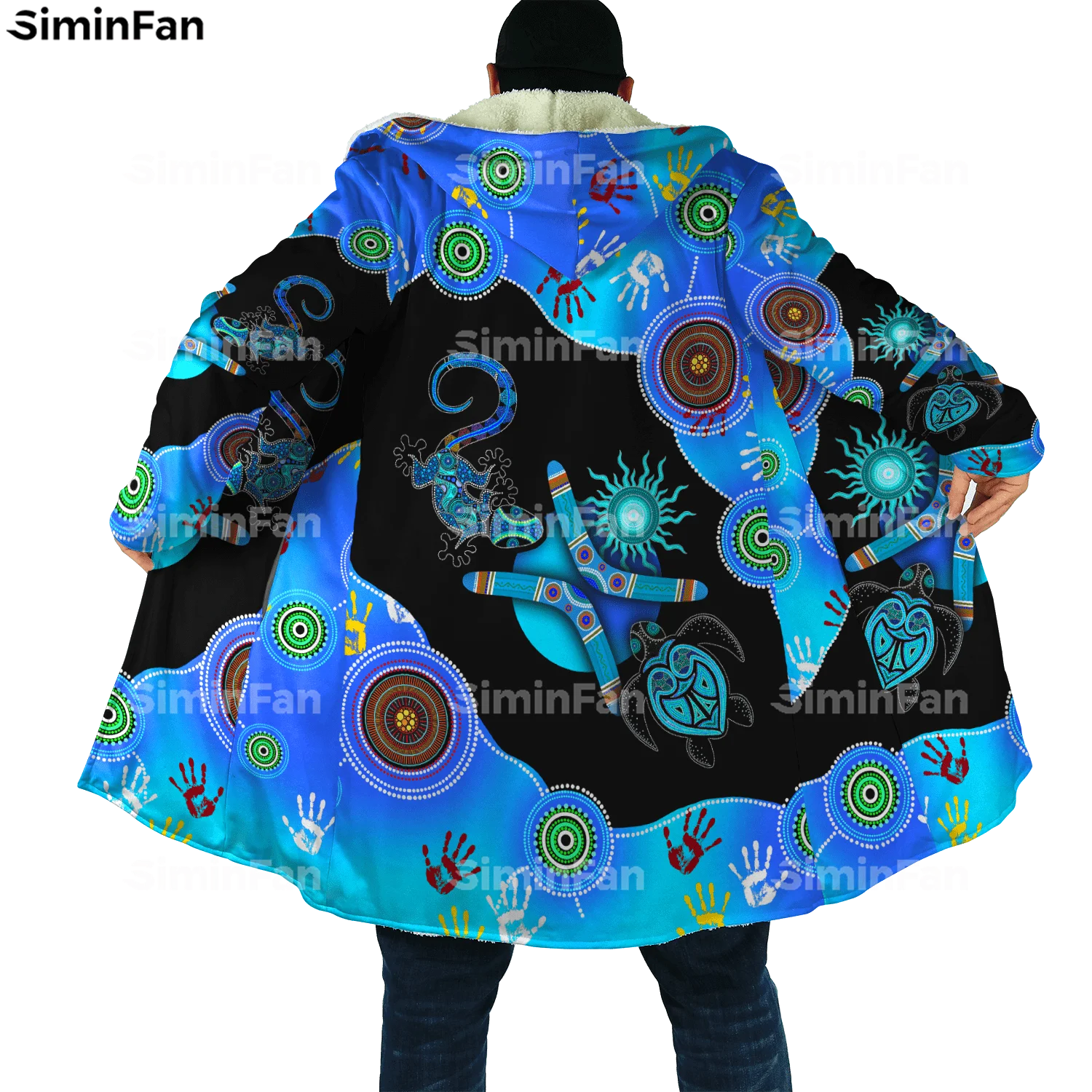 

Australia Naidoc Week Turtle Lizard 3D Print Thick Warm Hooded Cloak Men Windproof Fleece Cape Robe Overcoat Winter Windbreaker