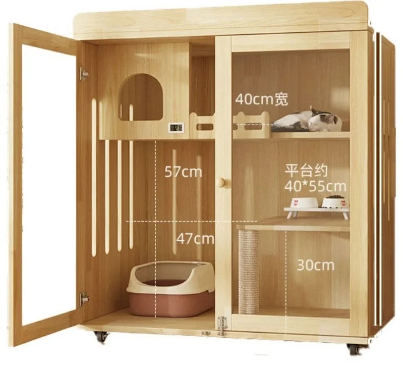 Natural Solid Wood Cat House Villa Freestanding Indoor Cat Cage Spacious Rest Space For Household Pets