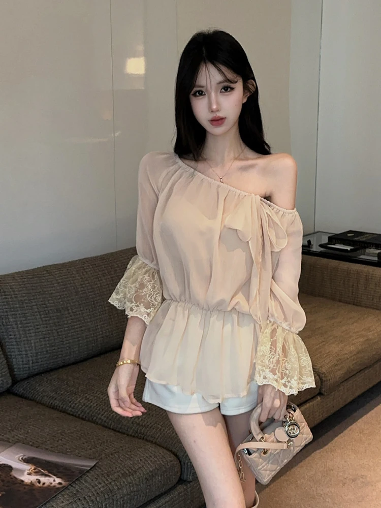 Gentle Wind One-Shoulder Long Sleeve Chiffon Shirt Irregular Waist Cinch Two-Way Wear Lace Slimming Bell Sleeve Top