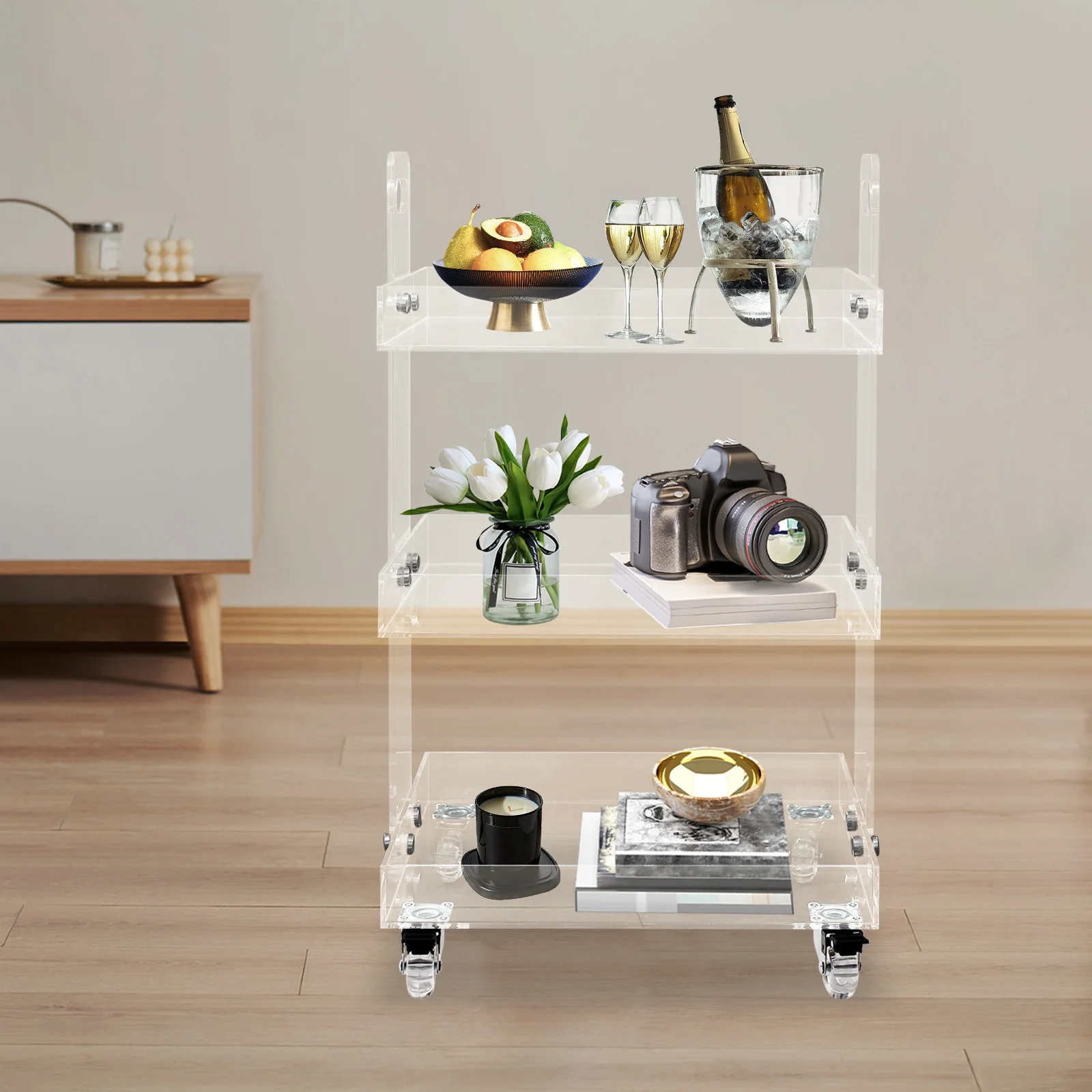 

41.6*34*70cm 3-Tier Acrylic Utility Rolling Cart Multifunction Storage Cart With Wheels Clear Acrylic Storage Rolling Cart for dining bar cart clear side table bedside table sofa side table in kitchens bedrooms bathrooms living rooms etc