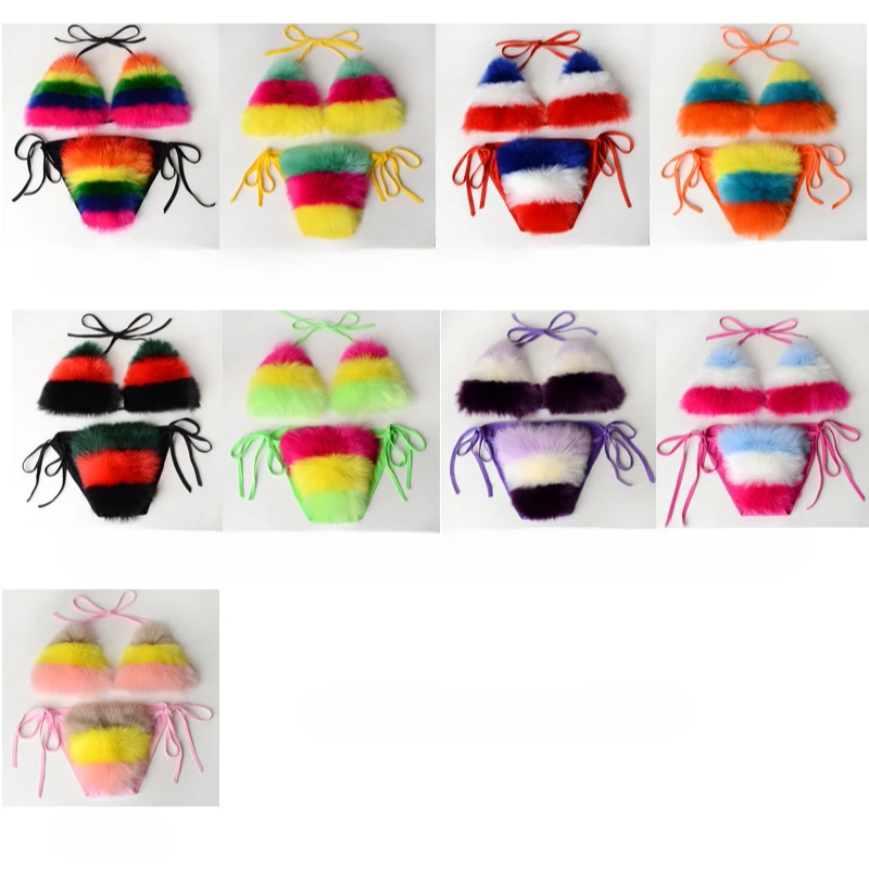 Bikini in pelliccia di peluche da donna a righe arcobaleno Set costume da bagno sportivo in pelliccia di volpe finta due pezzi costumi da bagno femminili reggiseno set di biancheria intima costumi da bagno