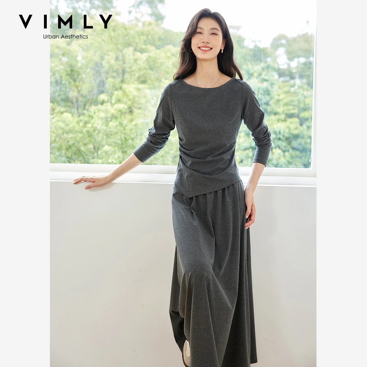 VIMLY Women's Grey Two-Piece Set Elegant Long Sleeve Hem Irregular T-shirt Long Elastic Waist Skirt Matching Outfit Female M8577