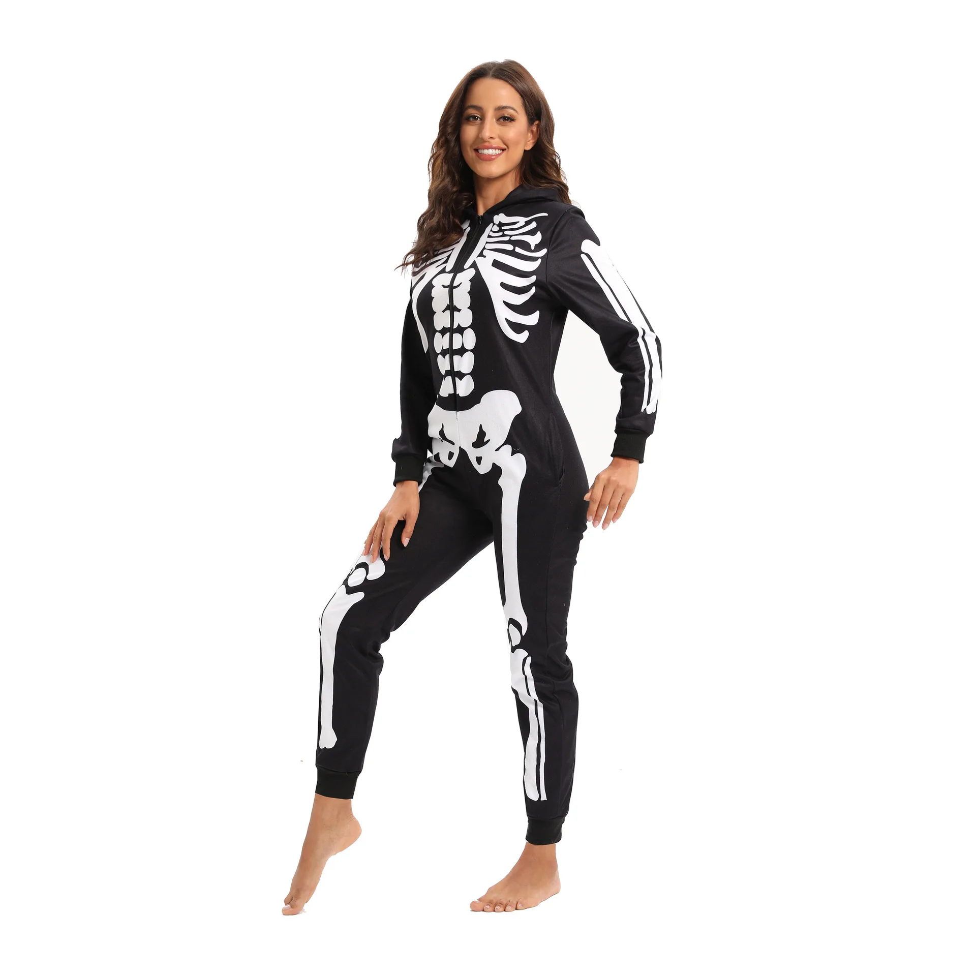 Women Onesies Long Sleeve Jumpsuits Sleepwear Hooded Pajamas Adult Halloween Black Skeleton Print Pyjamas