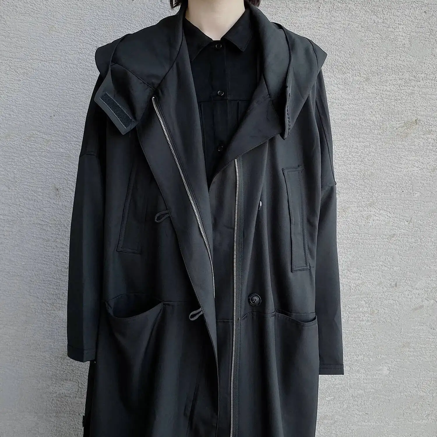 أومي ماو ياماموتو معطف الإناث الداكن ربيع الخريف المتخصصة الوزن الثقيل تصميم فضفاض مقنعين سترة طويلة سترة واقية سترة فام #3