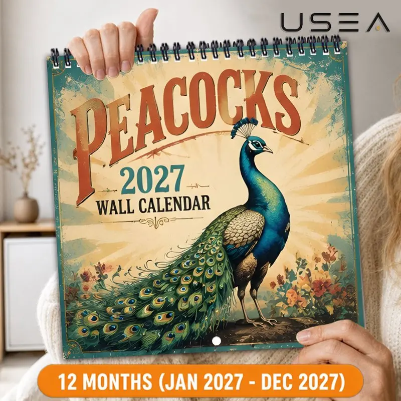 2027Peacock Vintage Wall Calendar,Large Writable Block with US Federal Holidays,Boho Aesthetic Decor,Gift for Women Mom Coworker