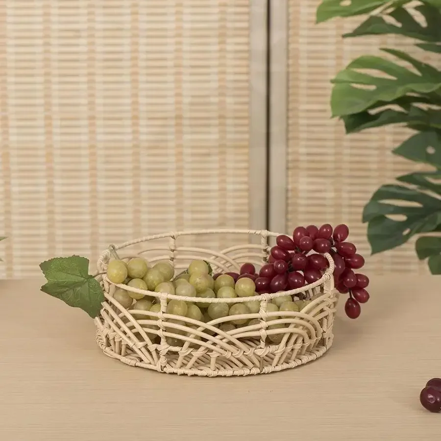 Handmade Rattan Woven Desktop Fruit Basket Pastoral Plastic Rattan Sorting Basket Living Room Creative Storage Decorative Basket