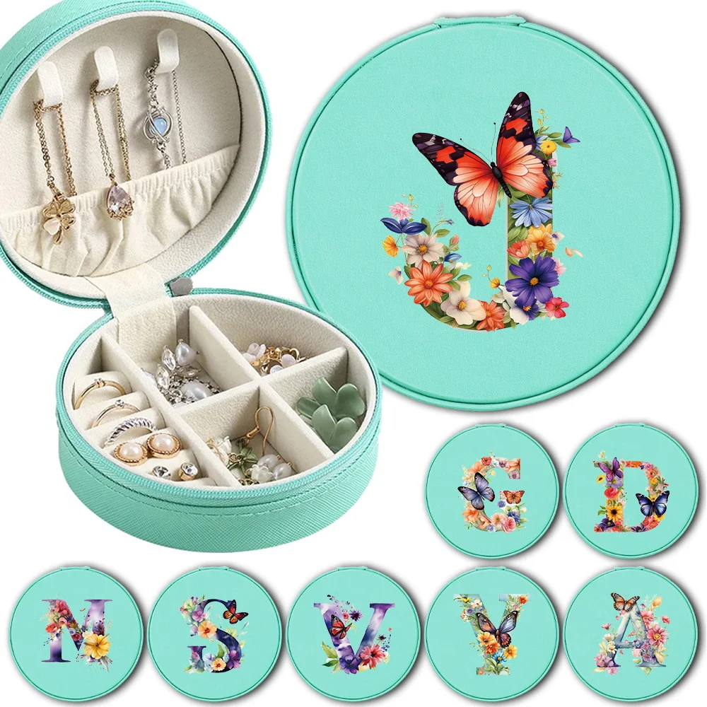 

Jewelry Box With Zipper Pu Portable Jewelry Organizer Travel Women Ring Necklace Earrings Storage Box Butterfly Letter Pattern