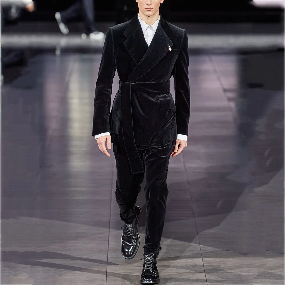 

Черный бархатный костюм, комплект из двух предметов, новая осенняя куртка, брюки, деловой пиджак с лацканами и поясом, повседневный костюм для выпускного ужина и вечеринки