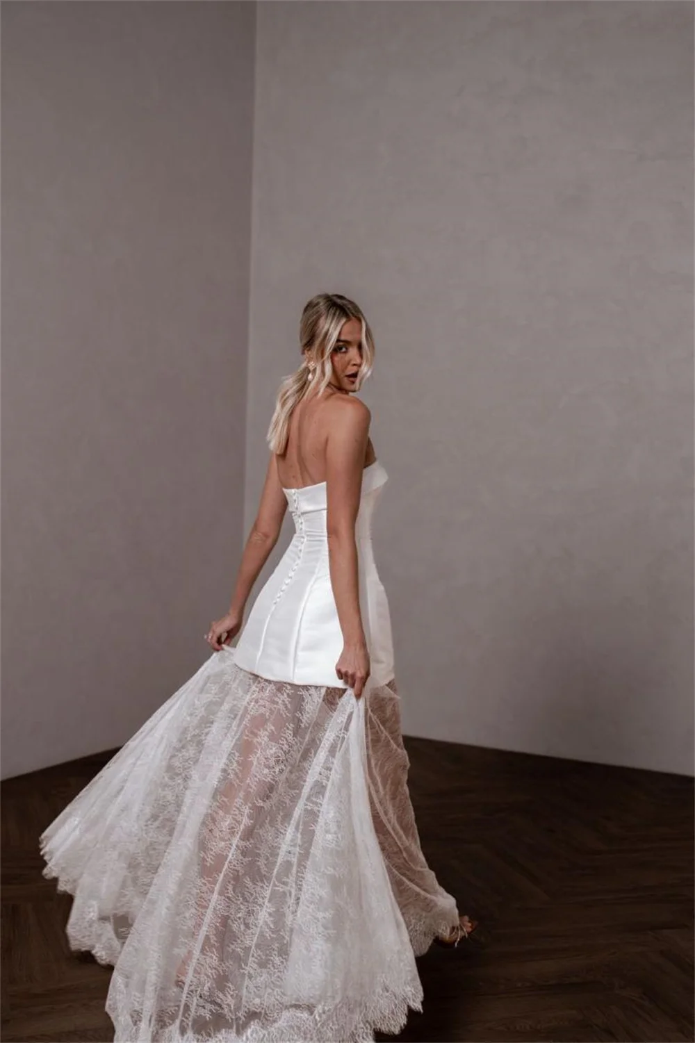 Kyoto Customized Strapless White Satin Wedding Dress Detachable Long Lace Train And Sleeves vestidos de novia Zip Back Formal