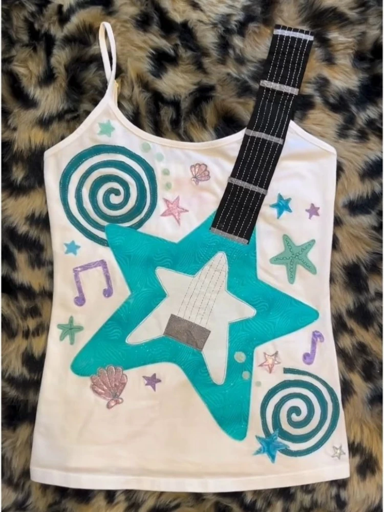Vintage Rock Guitar Note Print Camisole Women Subculture Punk Slim Tank Tops Summer Retro Harajuku Fashion Sleeveless Vest New