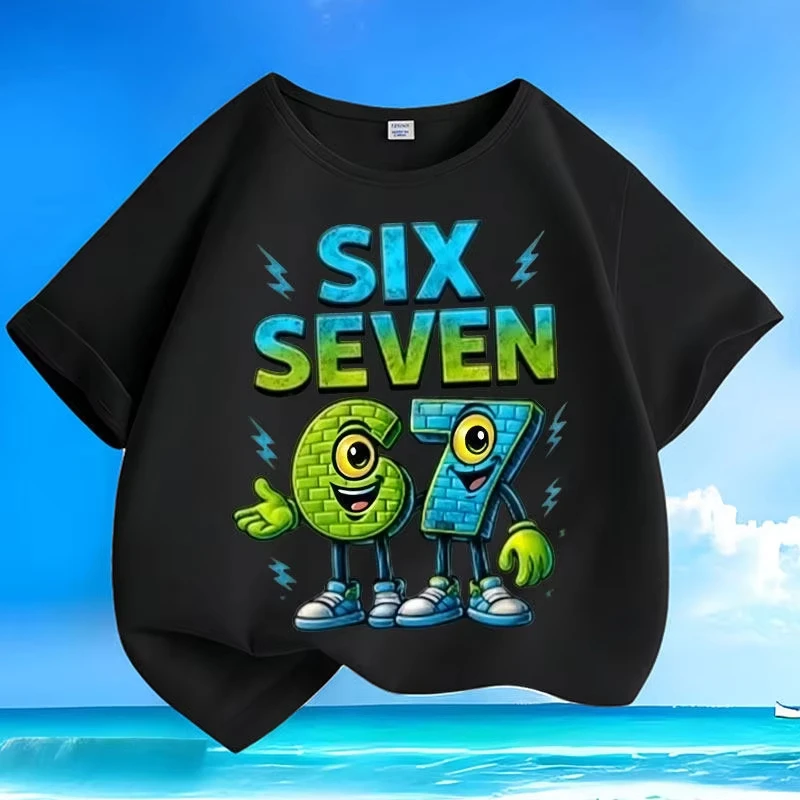 Kids Cartoon Brick SIX SEVEN Number 67 Graphic T-Shirt, Soft Cotton, Cool Wear for Boys & Girlstk0112