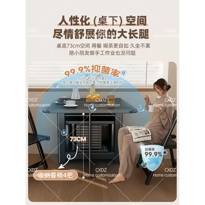 Solid Wood Foldable Dining Table for Small Apartments Multi Functional Retractable Table with Induction Cooker and Rock Slab