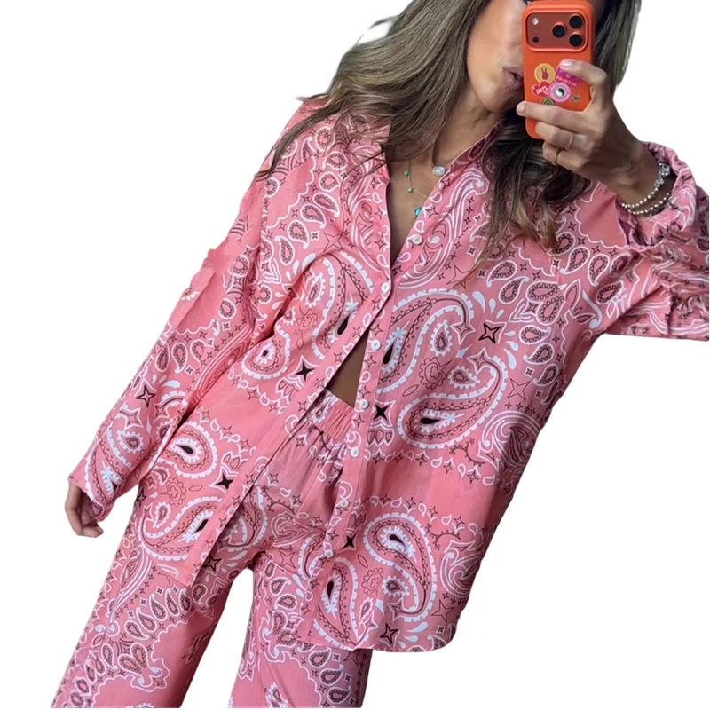 Printing Shirt Two Piece Set Full Sleeves Single Breasted Blouse Pants Casual Vacation Outfit for Women