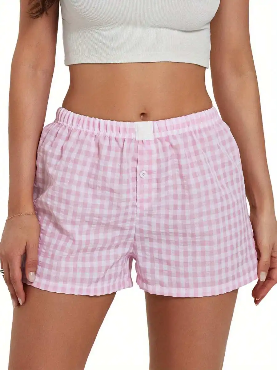 

Womens Summer Plaid Lounge Shorts Elastic Waist Loose Fit Pajama Shorts