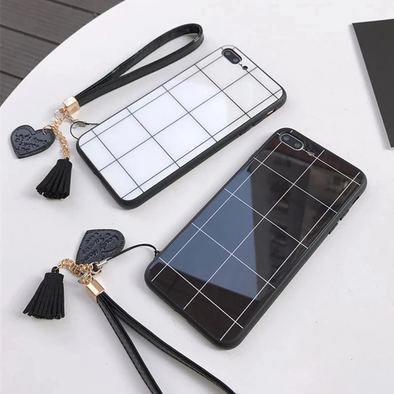 For Xiaomi Redmi 9 9A 9C 8 8A 7A Case Lattice Line Glossy Hard Glass Cover For Redmi Note 12 11 9s 9 Pro max 8 Pro 10 Give Strap