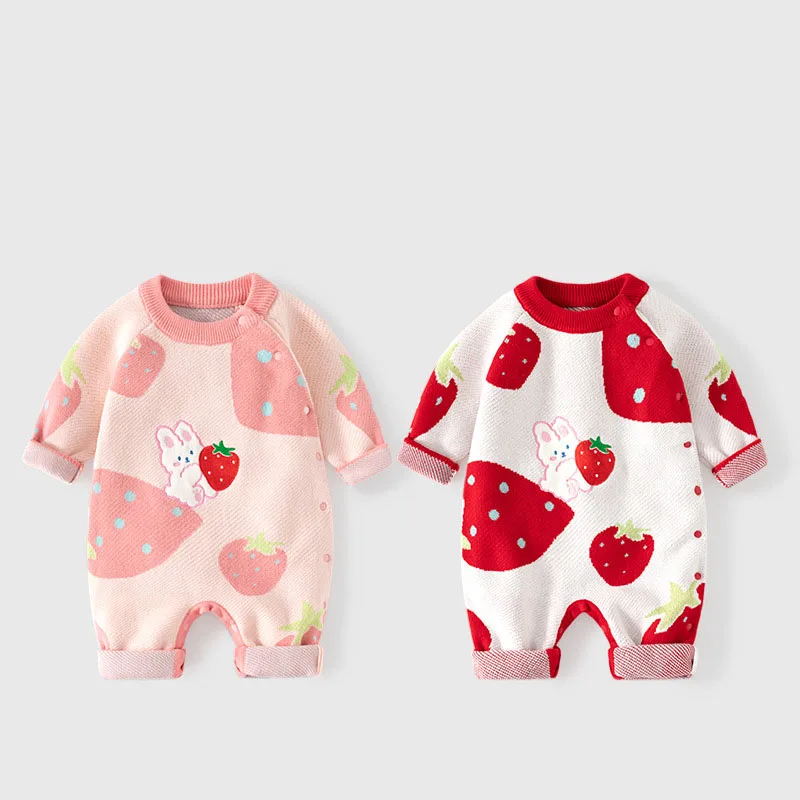 UNITIM Autumn Newborn Girl Bodysuit Side Buckle Thickened Infant Girls Romper Cartoon Rabbit Strawberry Baby Girl Jumpsuit