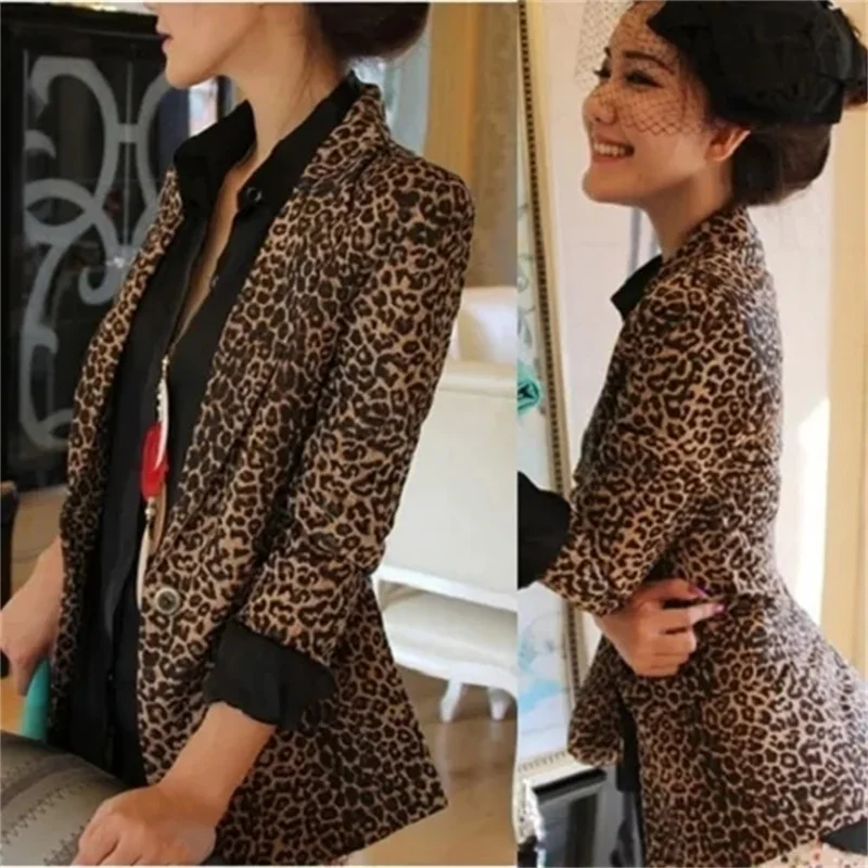 Women's Long Sleeved Leopard Print Slim Fit Suit 2026 Spring Autumn Korean Version OL Commuter Female Jacket Mini Suit Blazer