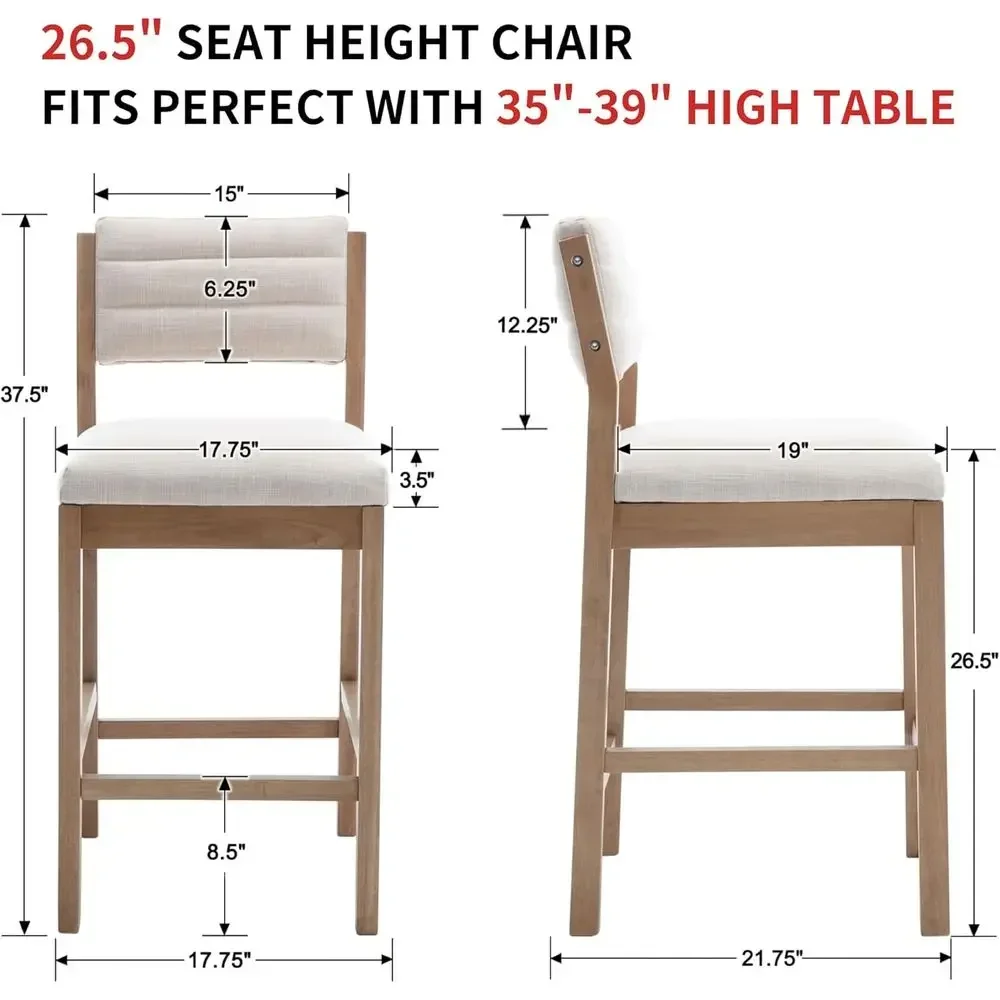 Set of 2 Upholstered Counter Height Bar Stools with Backrest and Wood Legs, Beige Linen for Kitchen Island view 2