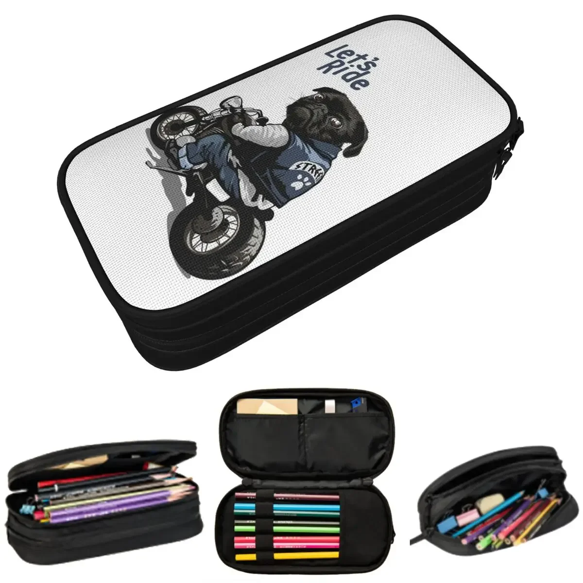 

Let's Ride Motorcycle Big Bike Black Pug Dog Pencil Cases Big Capacity Pen Bags Pen Box Pencil Pouch For Boys Girls Students