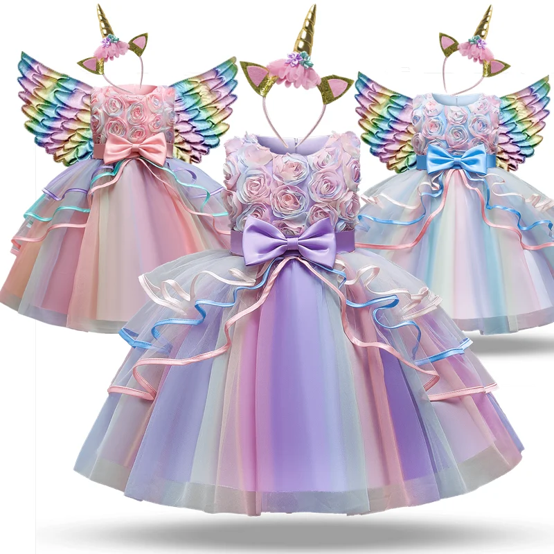 Girls Unicorn Rainbow Tulle Dresses Kids Clothing Tutu Layers Cake Princess Party Prom Dress Children Summer Evening Clothes