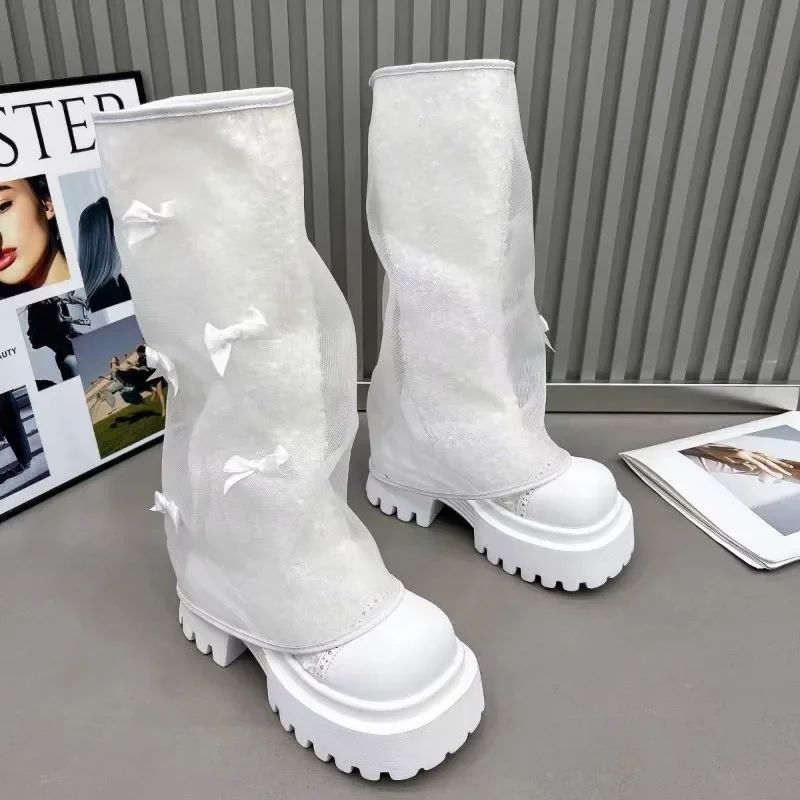 

2025Summer Woman High Boots Tall Boots Woman Mesh Breathable High Boots Low Heel Casual Sneaker Leather Shoes Women Long Shoes