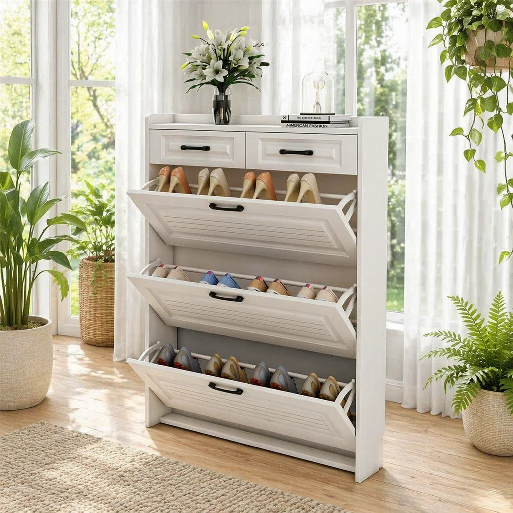 Wooden Panel Foldable Revolving Shoe Rack for Hotel Apartment Use Modern Design 3-tier Storage