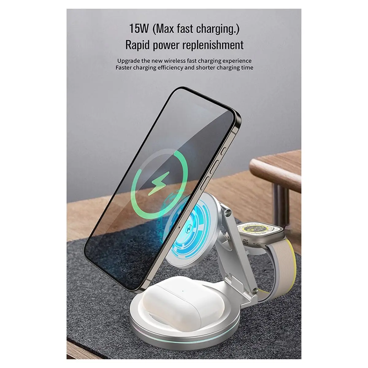forfor Wireless Charger Fast Charging 360° Rotating Aluminum Alloy Magnetic 30W 3 in 1 for Phone Earbuds & Smartwatch White