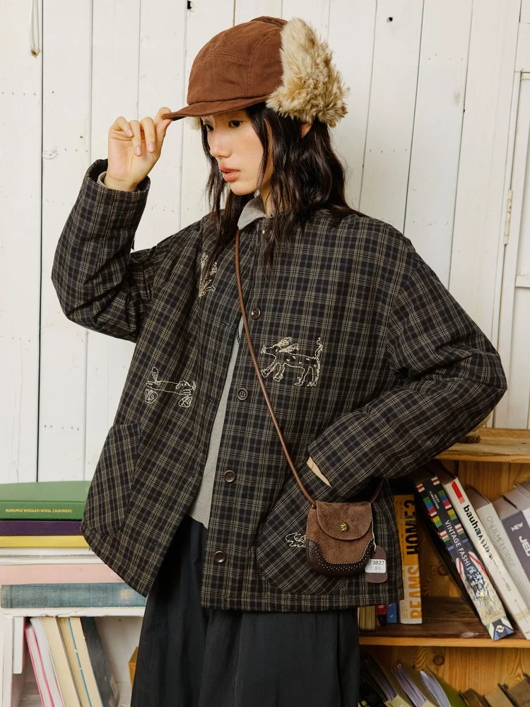 

Octopusme Korean Sle Women's Thiened Cotton Jaet with Patchwork Loose Winter Coat Warm Plaid Pattern Embroidery Design