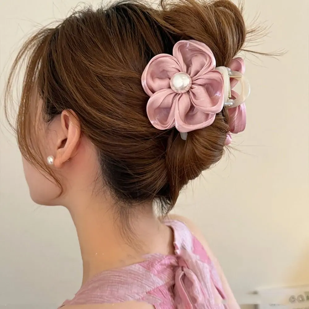 

Pearl Silk Flower Hair Claw Ponytail Holder Hair Accessories Korean Style Hair Crab Clip Solid Color Shark Clip for Wedding