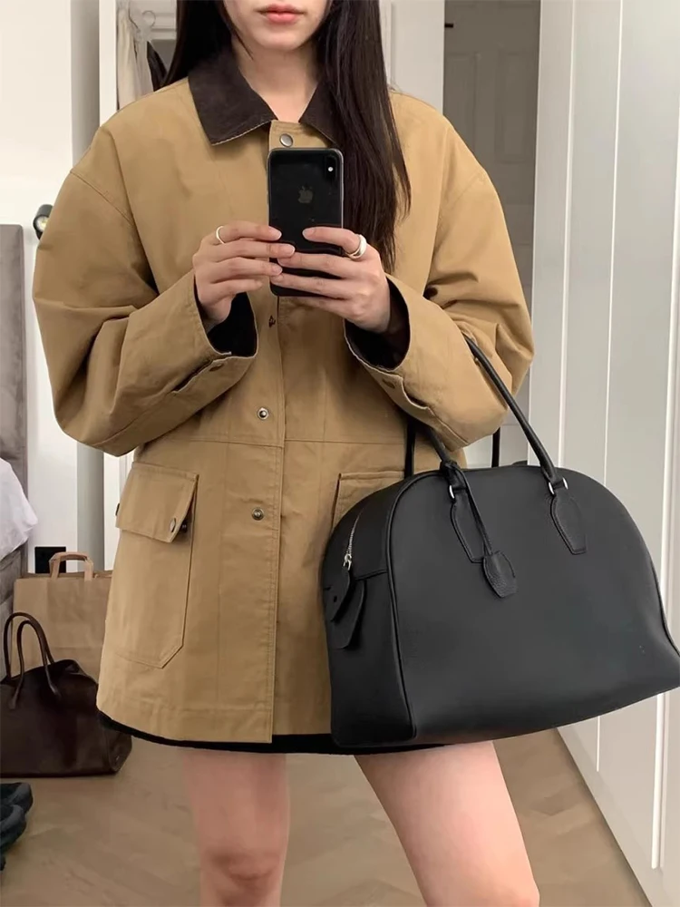 Elegancki, luźny płaszcz w stylu vintage na jesień, długi płaszcz przeciwdeszczowy z kołnierzem stójką i podwójnym zapięciem na guziki.