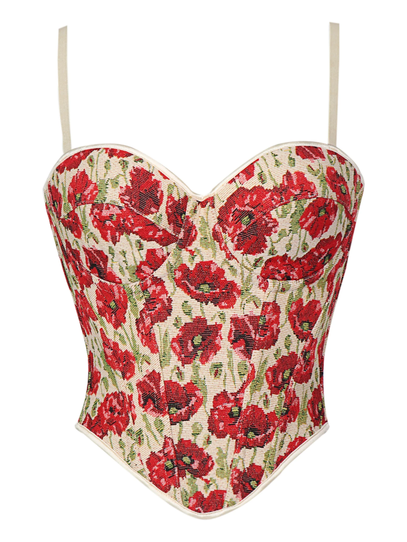 Damen-Korsett mit Spaghettiträgern und Sweetheart-Ausschnitt im französischen Vintage-Stil aus rotem Mohn-Jacquard mit verstellbaren Trägern und Satin-Schnürung am Rücken.