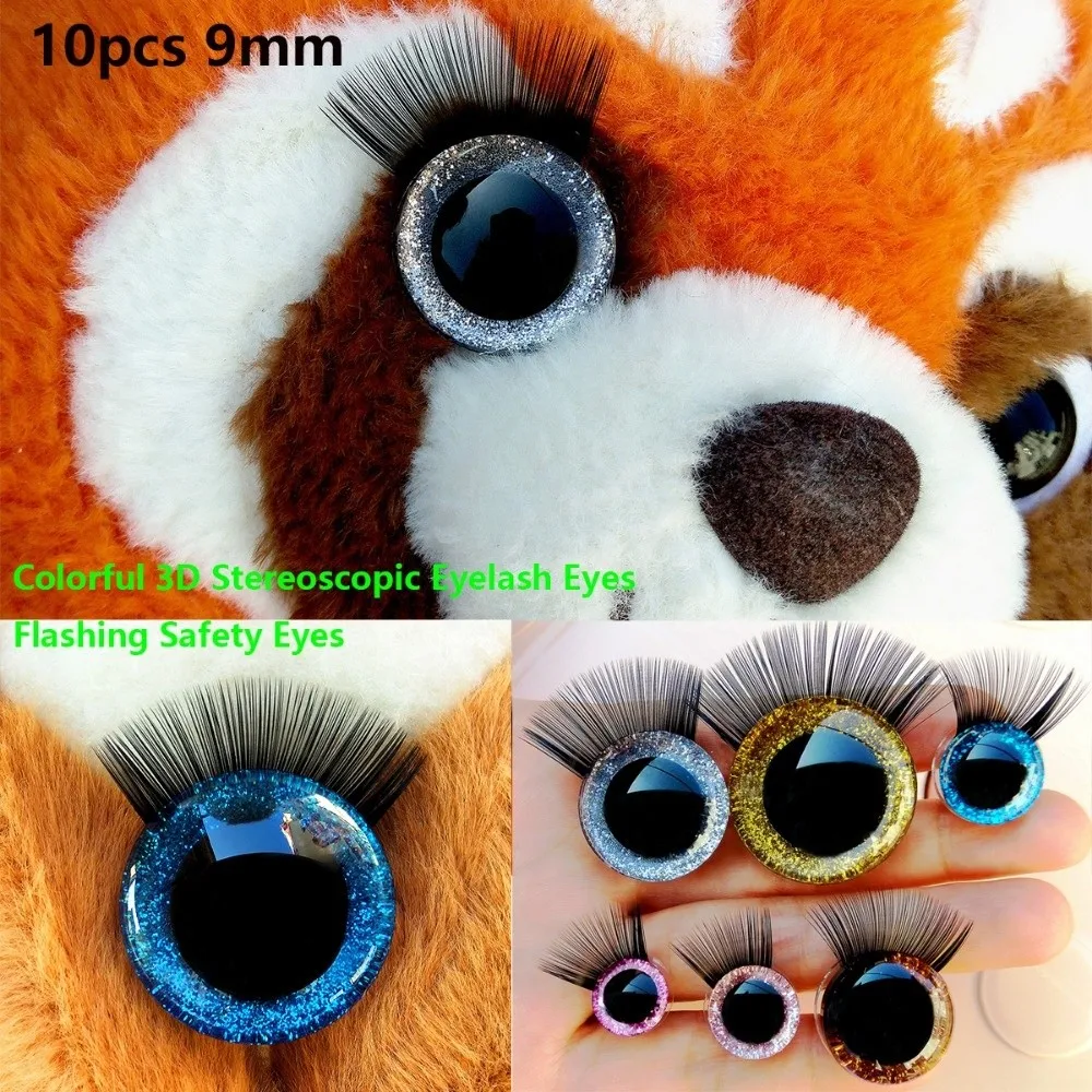 10pcs/set 9mm Colorful 3D Stereoscopic Eyelash Eyes with Eyelash 8 Colors Flashing Safety Eyes Animal Eyelash Eyes