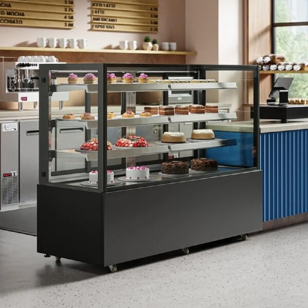Commercial Square Glass Display Cabinet Black Refrigerated Baking Cabinet 70-7/8x26-5/8x55-3/16 Inch 6 Adjustable