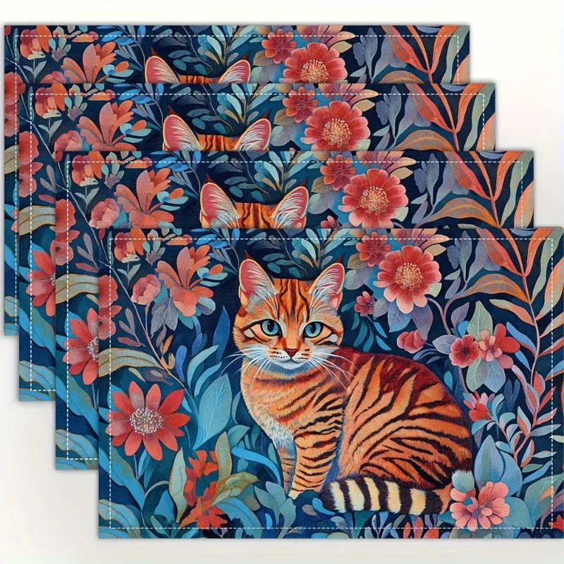 Vintage Floral Tabby Cat Print Rectangular Placemats  Boho Pet Lover Dining Table Decor Table Mats 4/6/8PCS