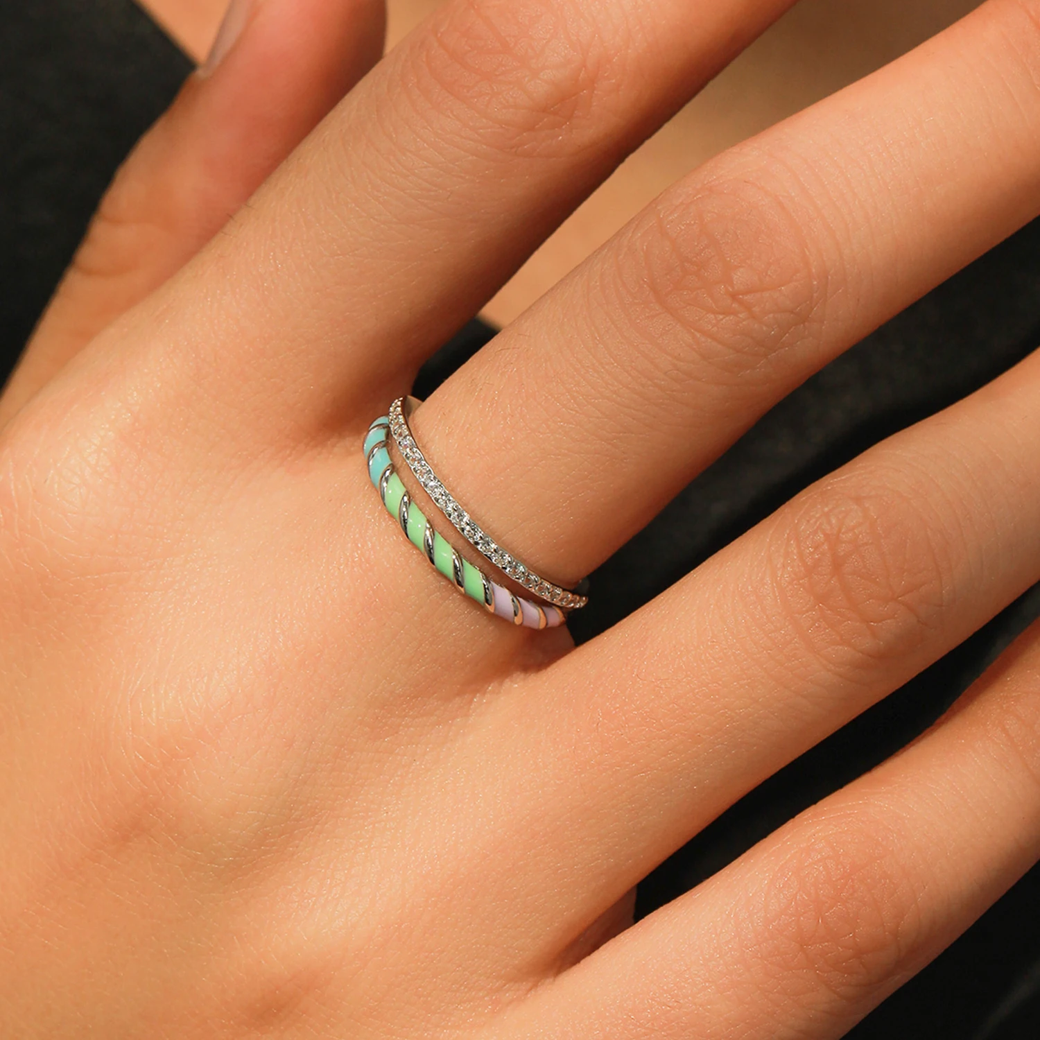 Ailmay 925 Sterling Silver Fashion Multicolored Enamel Shiny CZ Bilayer Finger Ring For Women Banquet Party Accessories Jewelry