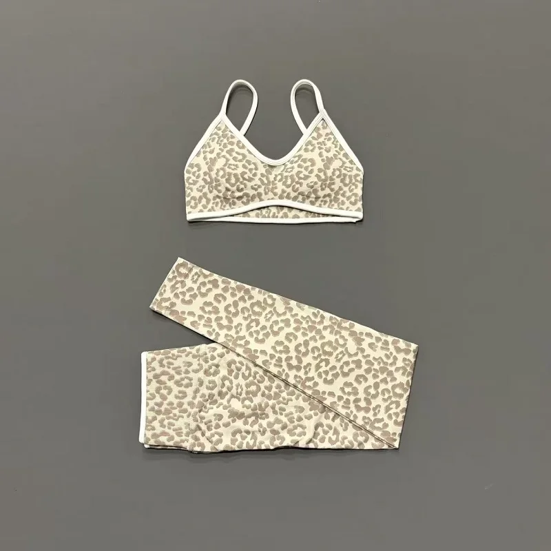 2 Pcs Fitness Sets Women Leopard Print Contrast Edge Removable Pad Bra Breathable Squat Proof Pants Suit Sports Workout Set