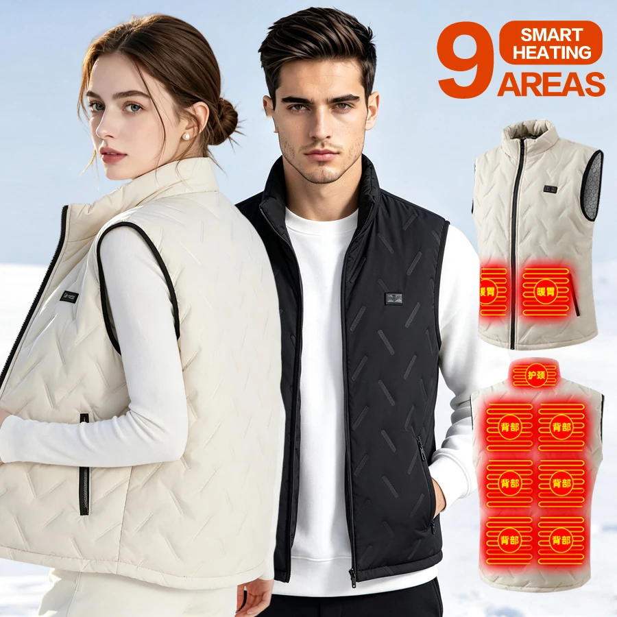 `USB Heated Vest Men Women 9 Heating Zones Neck Back Abdomen Warm Electric Heating Vest 3 Temperature Control Winter Thermal Wai